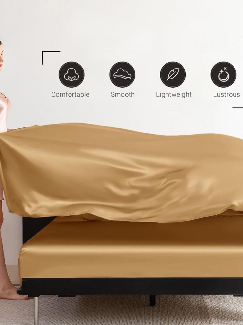 Satin Bed Sheets Set 4 Piece Queen Gold Cooling Silky Soft Deep Pocket - Picture 5 of 7